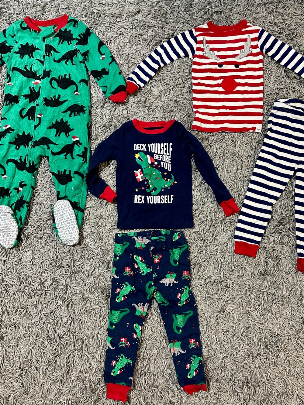 Carter's Navy, Green & Red Dino Holiday Pajama Set Trio